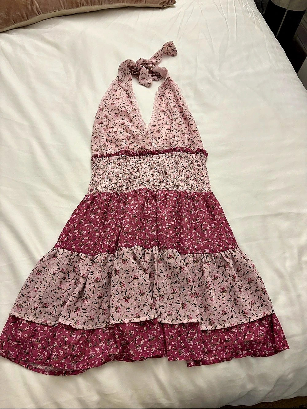 Floral Halter Mini Dress in Pink & Purple Size Small Like3